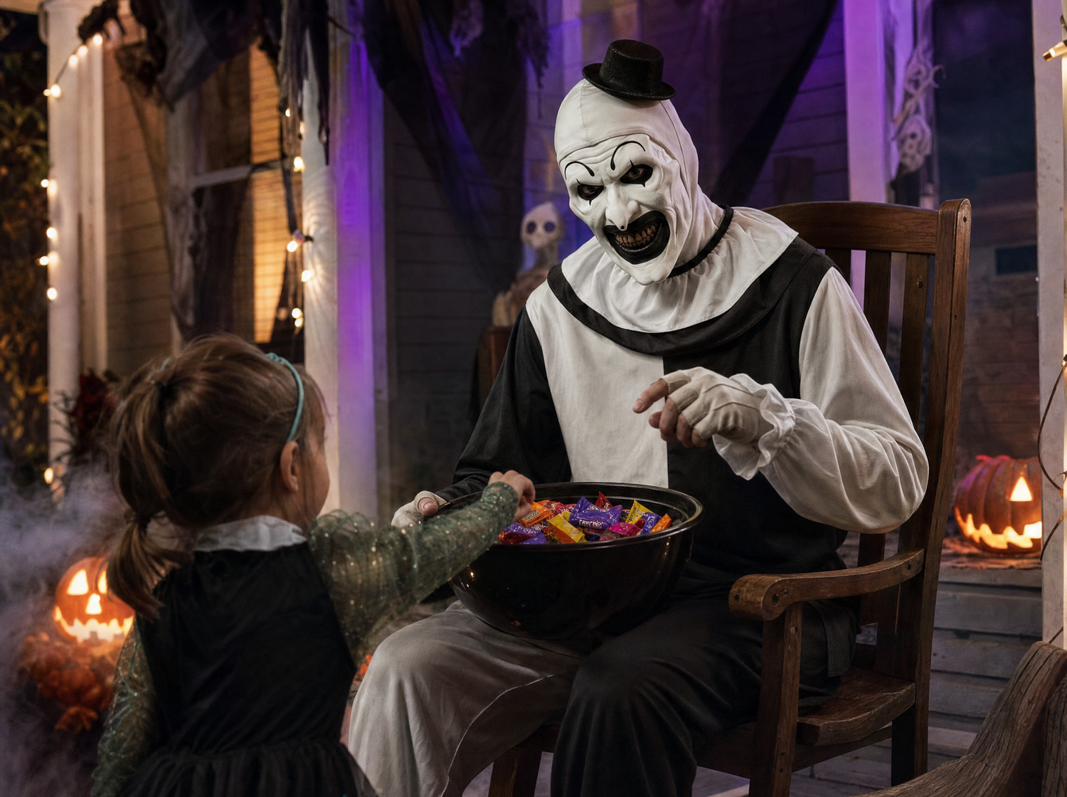 Sinister Jester greeting trick-or-treaters